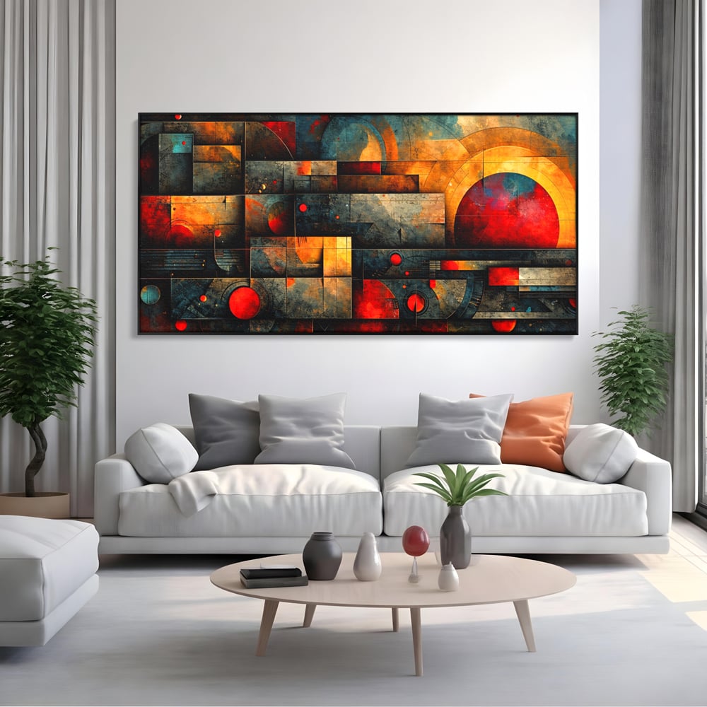 Tablou canvas cu tablou canvas cu forme geometrice abstracte, in rama de aluminiu negru, pe perete intr-un living